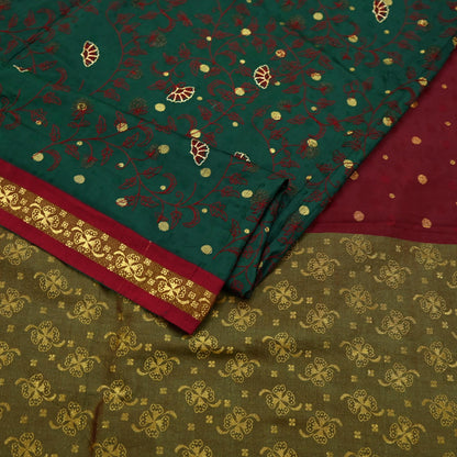 Indian Vintage Heavy Green & maroon Kanjivaram Saree 100% Pure Silk Sari Metallic Golden Zari 5Yd Floral Crafting Dress making