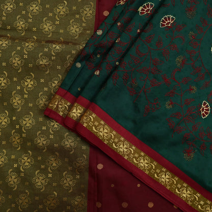 Indian Vintage Heavy Green & maroon Kanjivaram Saree 100% Pure Silk Sari Metallic Golden Zari 5Yd Floral Crafting Dress making