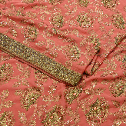 Indian Vintage Heavy Sarees Peach Pure Georgette Silk Hand Embroidered Sari Fabric 5Yd Sewing Ethnic Zardozi/dabka zari Wedding sarees