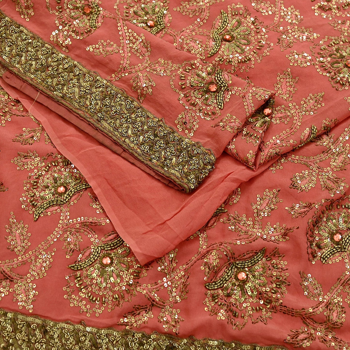 Indian Vintage Heavy Sarees Peach Pure Georgette Silk Hand Embroidered Sari Fabric 5Yd Sewing Ethnic Zardozi/dabka zari Wedding sarees