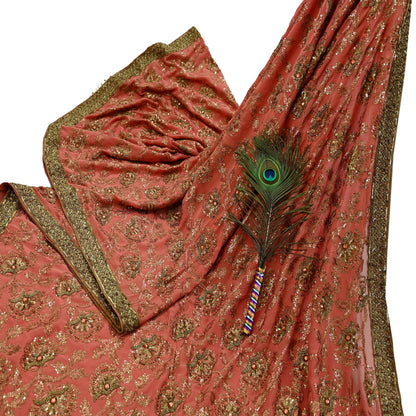 Indian Vintage Heavy Sarees Peach Pure Georgette Silk Hand Embroidered Sari Fabric 5Yd Sewing Ethnic Zardozi/dabka zari Wedding sarees