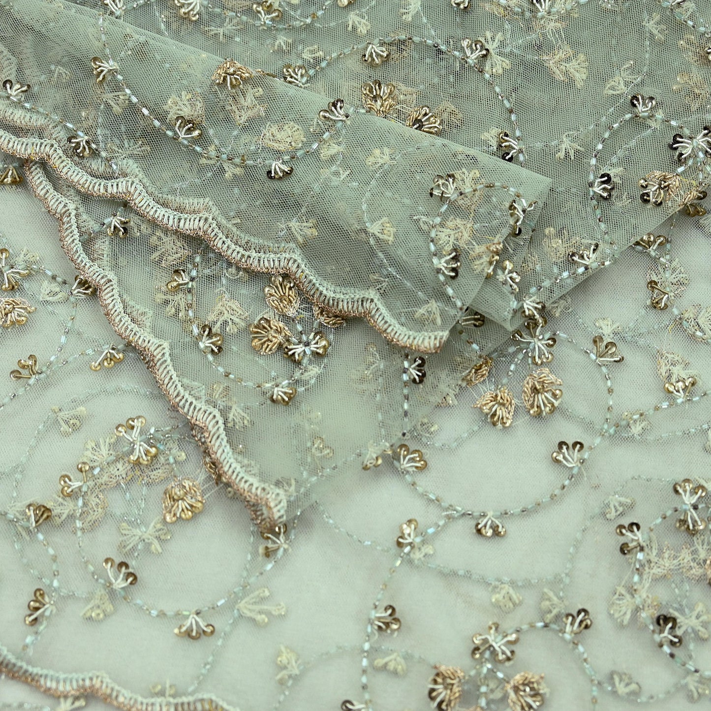 Indian Vintage Heavy Bridal Dupatta Green Net Mesh Long Stole Hand Embroidered Scarves Golden Zardozi Dabka Zari Wedding Veil Hijab