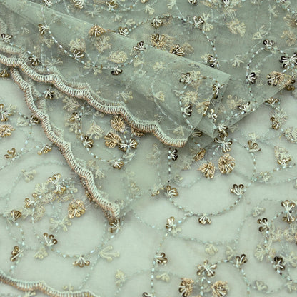 Indian Vintage Heavy Bridal Dupatta Green Net Mesh Long Stole Hand Embroidered Scarves Golden Zardozi Dabka Zari Wedding Veil Hijab