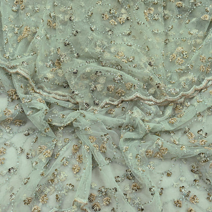 Indian Vintage Heavy Bridal Dupatta Green Net Mesh Long Stole Hand Embroidered Scarves Golden Zardozi Dabka Zari Wedding Veil Hijab