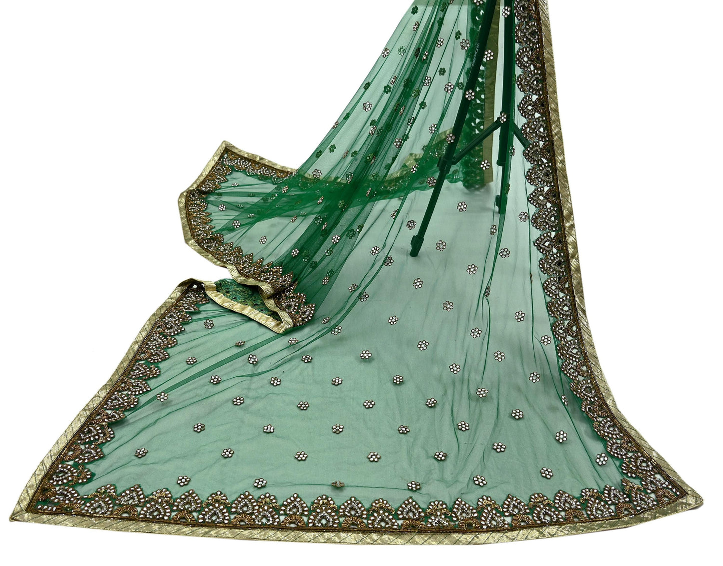 Indian Vintage Heavy Bridal Dupatta Green Net Mesh Long Stole Hand Embroidered Scarf Zardozi Zari Sequins Wedding/Party wear hijab veil