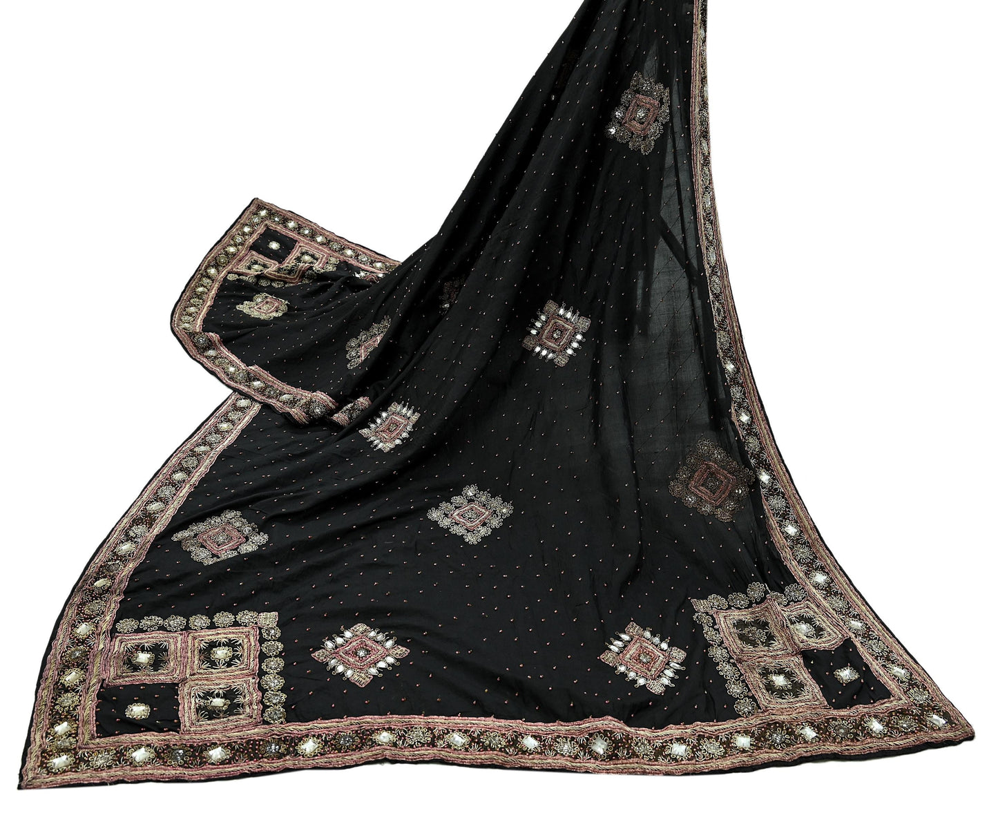 Indian Vintage Heavy Black Dupatta Pure Silk Long Stole Hand Embroidered Scarves Dabka Zardozi Zari Stole