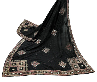 Indian Vintage Heavy Black Dupatta Pure Silk Long Stole Hand Embroidered Scarves Dabka Zardozi Zari Stole