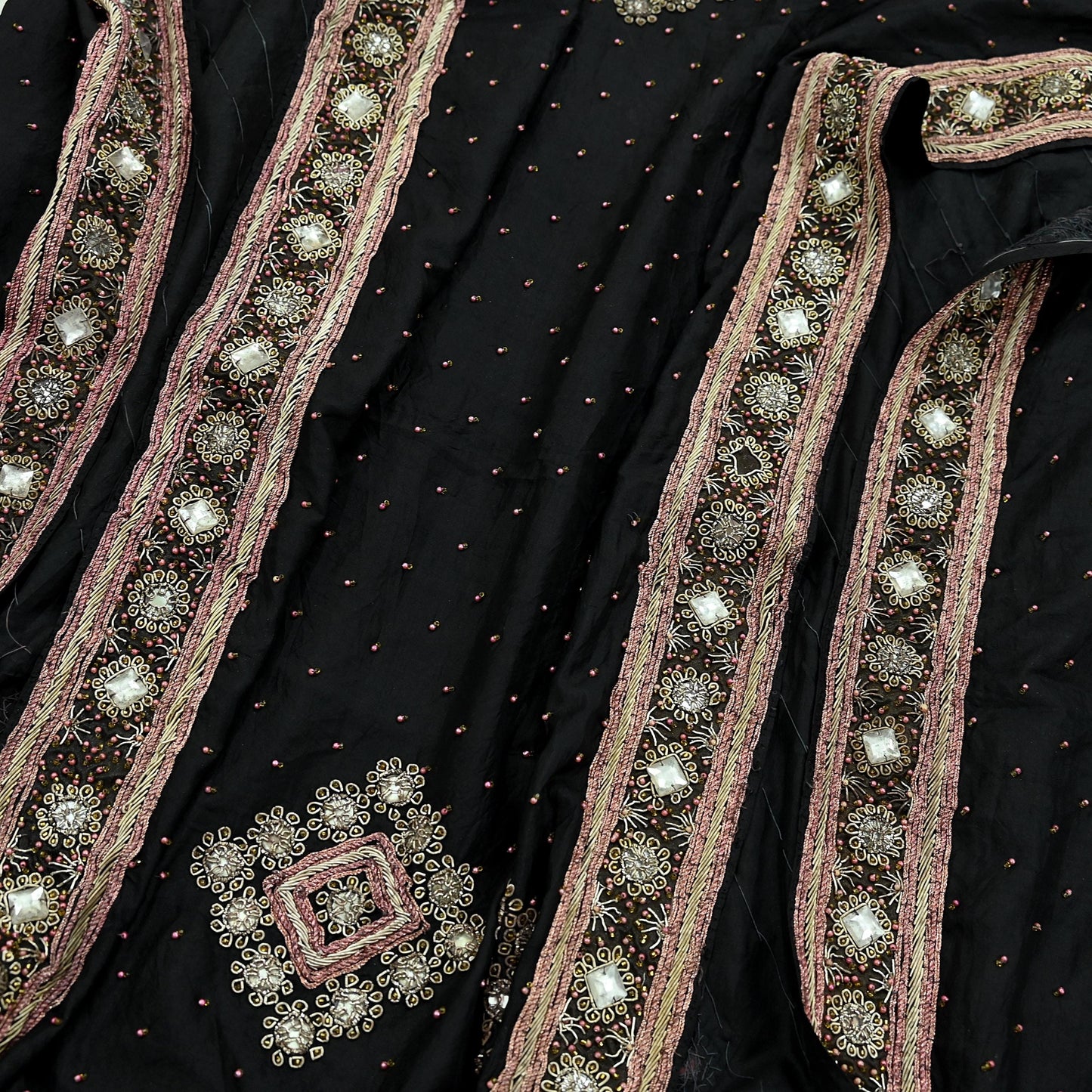 Indian Vintage Heavy Black Dupatta Pure Silk Long Stole Hand Embroidered Scarves Dabka Zardozi Zari Stole