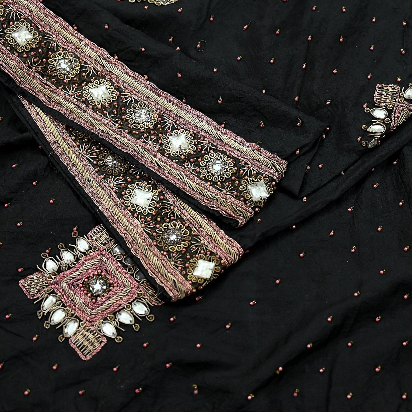 Indian Vintage Heavy Black Dupatta Pure Silk Long Stole Hand Embroidered Scarves Dabka Zardozi Zari Stole