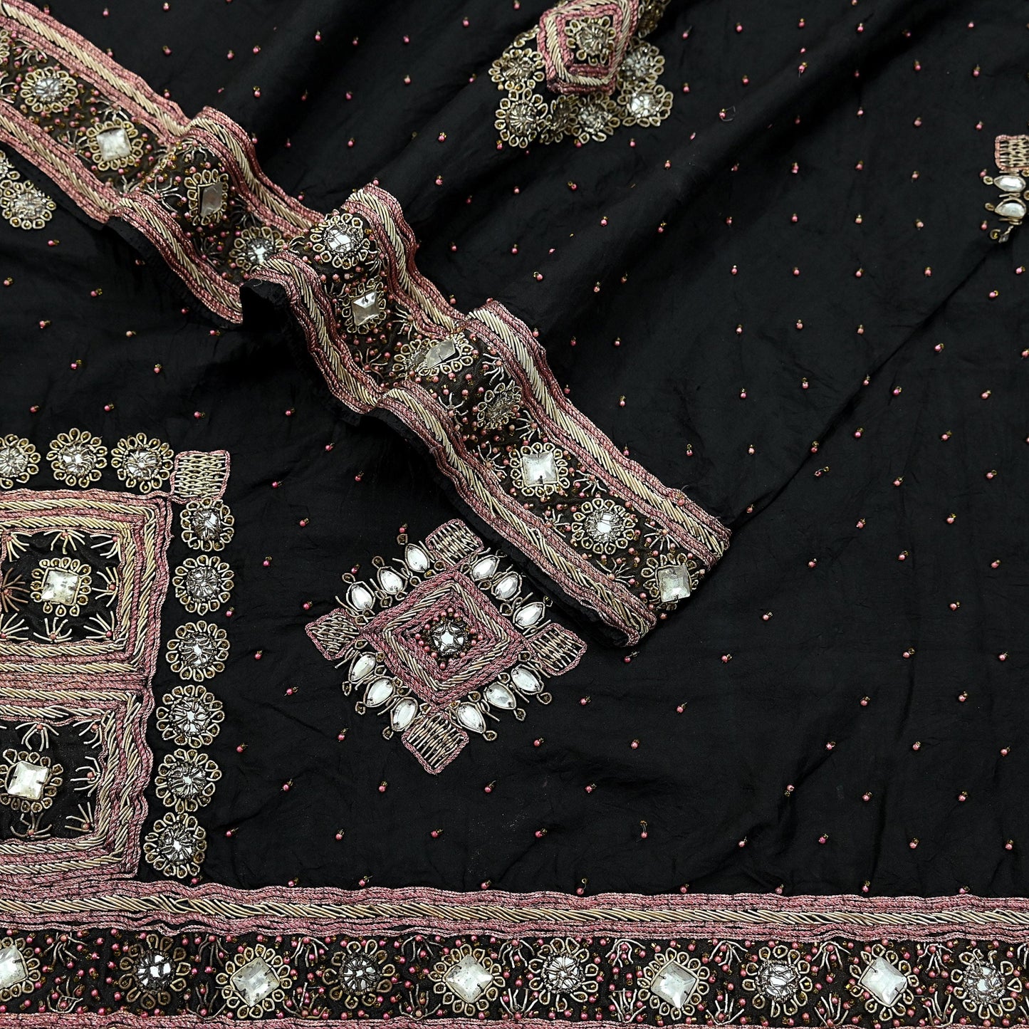 Indian Vintage Heavy Black Dupatta Pure Silk Long Stole Hand Embroidered Scarves Dabka Zardozi Zari Stole