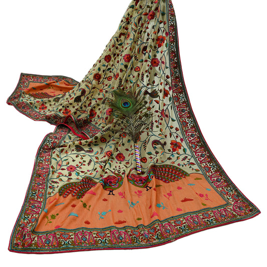 Indian Vintage Dupatta Ivory Long Stole Pure Georgette Silk Embroidered Scarves Veil Hijab Floral Peacock