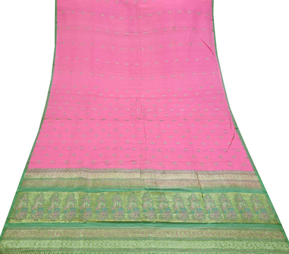 Indian Vintage Sari Green & Pink Hand Woven Banarasi Sarees 100% Pure Silk Zari 5Yd Craft Fabric Sewing Dress making Quilting Crafting