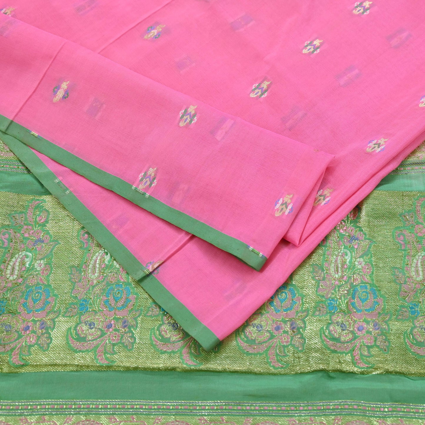 Indian Vintage Sari Green & Pink Hand Woven Banarasi Sarees 100% Pure Silk Zari 5Yd Craft Fabric Sewing Dress making Quilting Crafting