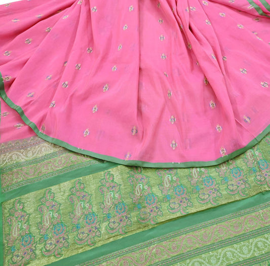 Indian Vintage Sari Green & Pink Hand Woven Banarasi Sarees 100% Pure Silk Zari 5Yd Craft Fabric Sewing Dress making Quilting Crafting