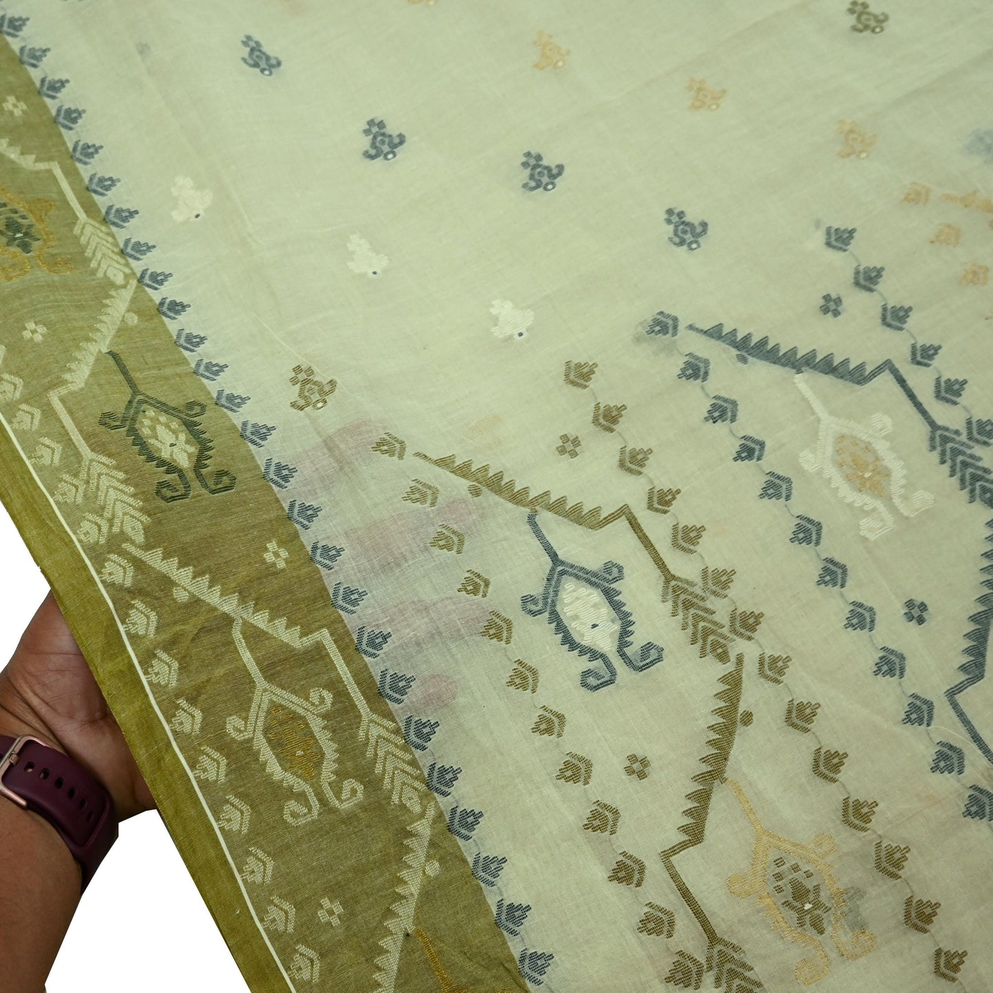 Indian Vintage Sari Olive Green Pure Cotton Bengali Handloom Tant Sarees Craft Fabric 5Yd Sewing Soft Crafting Dress making Upcycle Quilting