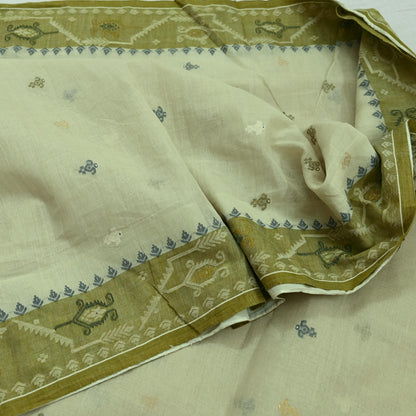 Indian Vintage Sari Olive Green Pure Cotton Bengali Handloom Tant Sarees Craft Fabric 5Yd Sewing Soft Crafting Dress making Upcycle Quilting