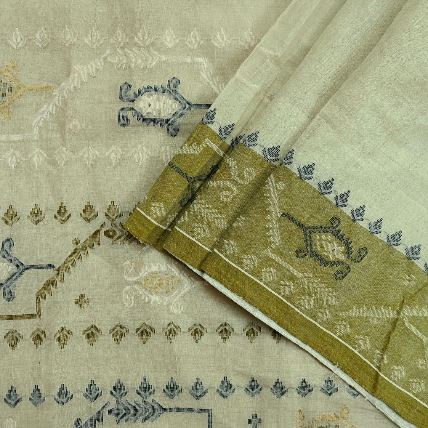 Indian Vintage Sari Olive Green Pure Cotton Bengali Handloom Tant Sarees Craft Fabric 5Yd Sewing Soft Crafting Dress making Upcycle Quilting