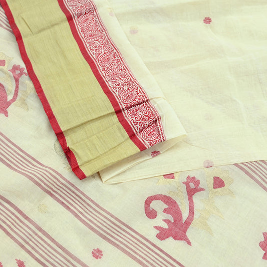 Indian Vintage Sari Ivory Pure Cotton Bengali Handloom Tant Sarees Craft Fabric 5Yd Sewing Soft Crafting Dress making Upcycle Quilting