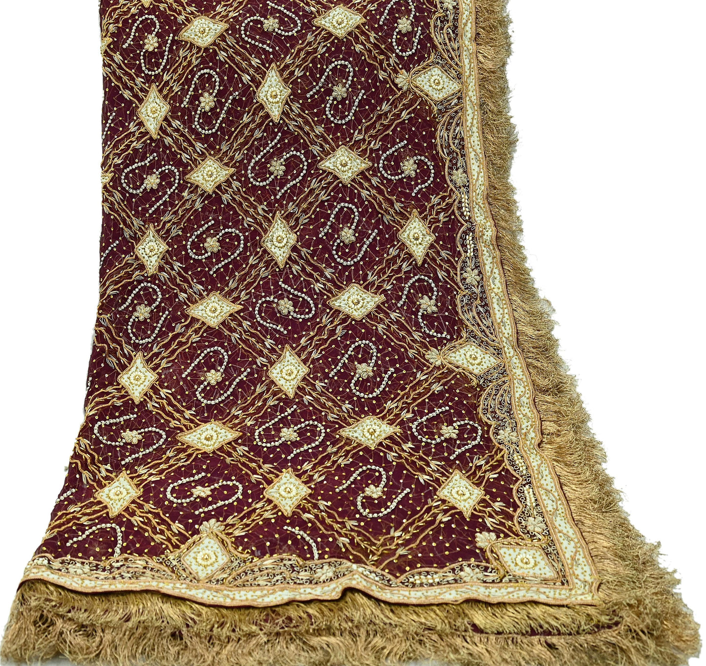 Indian Vintage Heavy Bridal Wine Dupatta Pure Chiffon Silk Long Stole Hand Embroidered Scarf Zardozi/Dabka Zari Sequins Wedding Veil Hijab