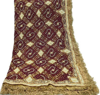 Indian Vintage Heavy Bridal Wine Dupatta Pure Chiffon Silk Long Stole Hand Embroidered Scarf Zardozi/Dabka Zari Sequins Wedding Veil Hijab
