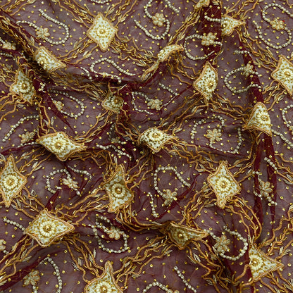 Indian Vintage Heavy Bridal Wine Dupatta Pure Chiffon Silk Long Stole Hand Embroidered Scarf Zardozi/Dabka Zari Sequins Wedding Veil Hijab