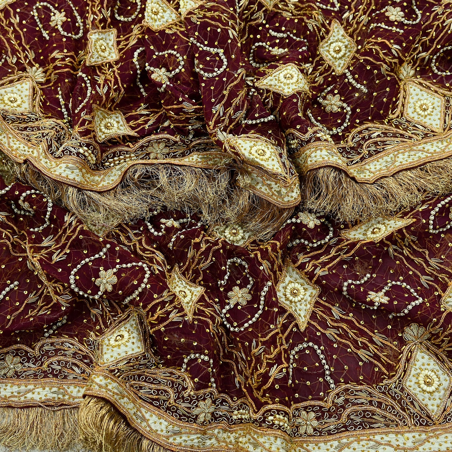 Indian Vintage Heavy Bridal Wine Dupatta Pure Chiffon Silk Long Stole Hand Embroidered Scarf Zardozi/Dabka Zari Sequins Wedding Veil Hijab
