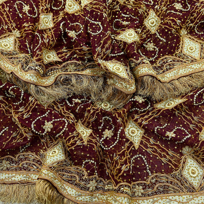 Indian Vintage Heavy Bridal Wine Dupatta Pure Chiffon Silk Long Stole Hand Embroidered Scarf Zardozi/Dabka Zari Sequins Wedding Veil Hijab
