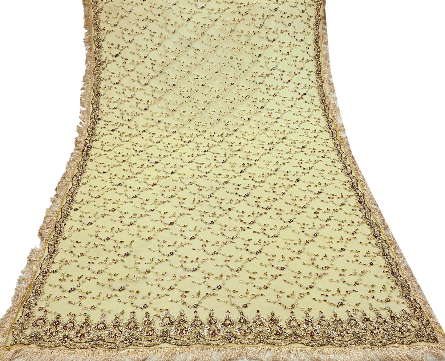 Indian Vintage Heavy Yellow Dupatta Net Mesh Long Stole Hand Embroidered Scarves Golden Zardozi Zari Beaded Stole