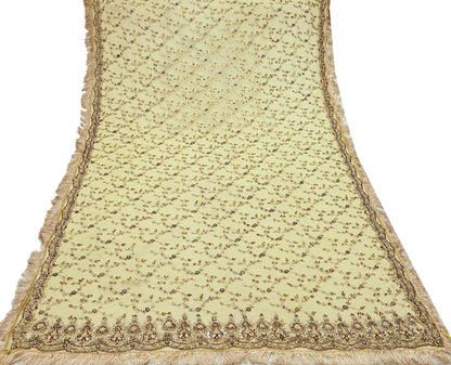 Indian Vintage Heavy Yellow Dupatta Net Mesh Long Stole Hand Embroidered Scarves Golden Zardozi Zari Beaded Stole