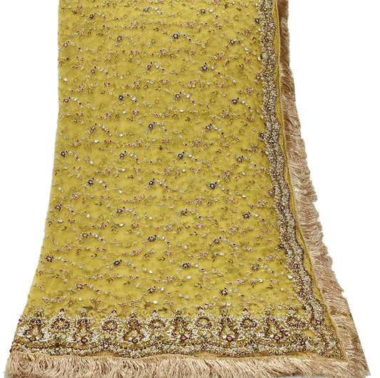 Indian Vintage Heavy Yellow Dupatta Net Mesh Long Stole Hand Embroidered Scarves Golden Zardozi Zari Beaded Stole