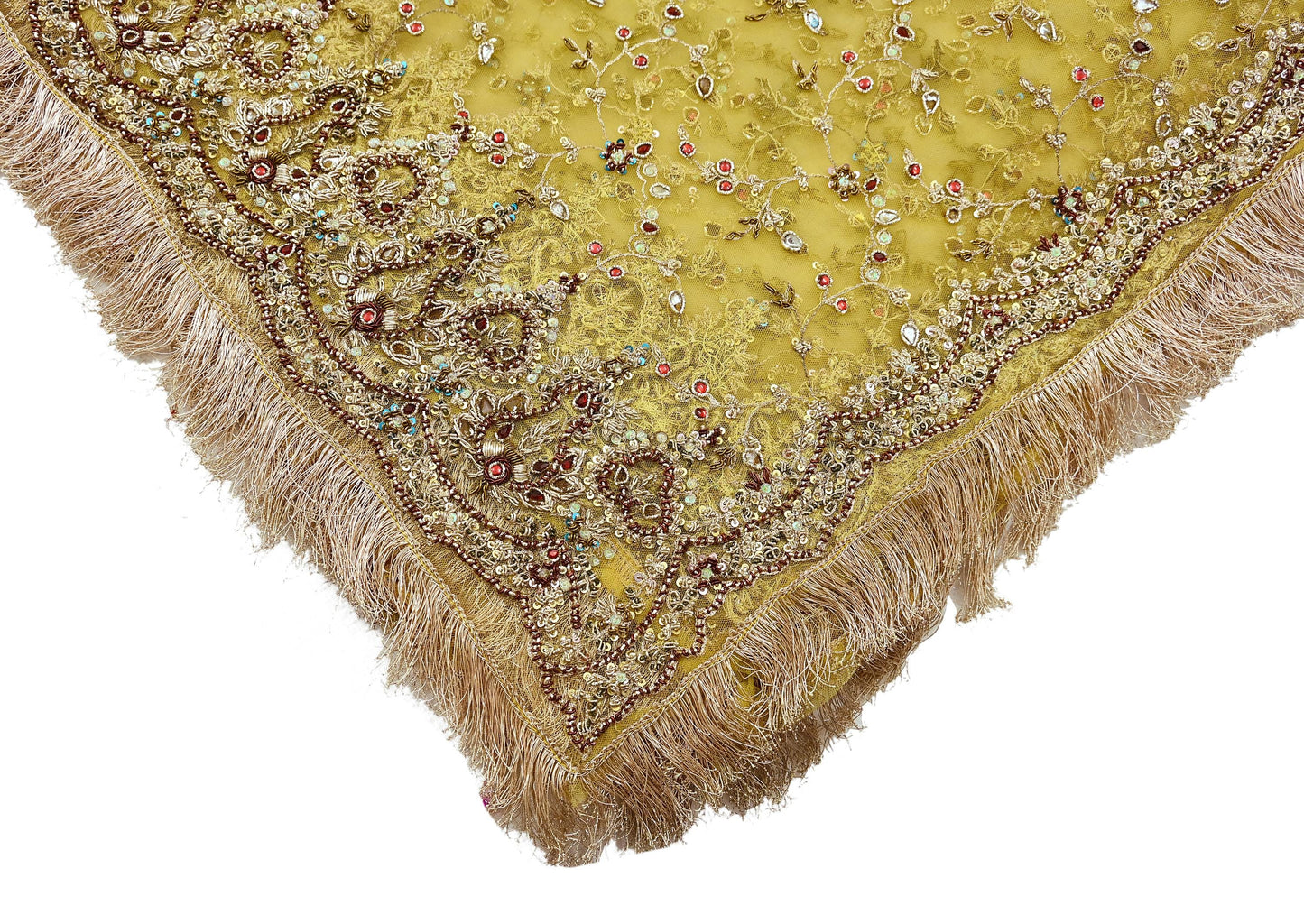 Indian Vintage Heavy Yellow Dupatta Net Mesh Long Stole Hand Embroidered Scarves Golden Zardozi Zari Beaded Stole