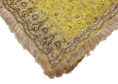 Indian Vintage Heavy Yellow Dupatta Net Mesh Long Stole Hand Embroidered Scarves Golden Zardozi Zari Beaded Stole