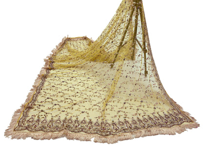 Indian Vintage Heavy Yellow Dupatta Net Mesh Long Stole Hand Embroidered Scarves Golden Zardozi Zari Beaded Stole