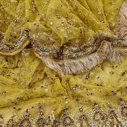 Indian Vintage Heavy Yellow Dupatta Net Mesh Long Stole Hand Embroidered Scarves Golden Zardozi Zari Beaded Stole