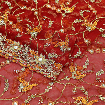 Indian Vintage Heavy Wedding Red Dupatta Net Mesh Long Stole Hand Embroidered Scarves Golden Zardozi Dabka Zari Bridal Veil