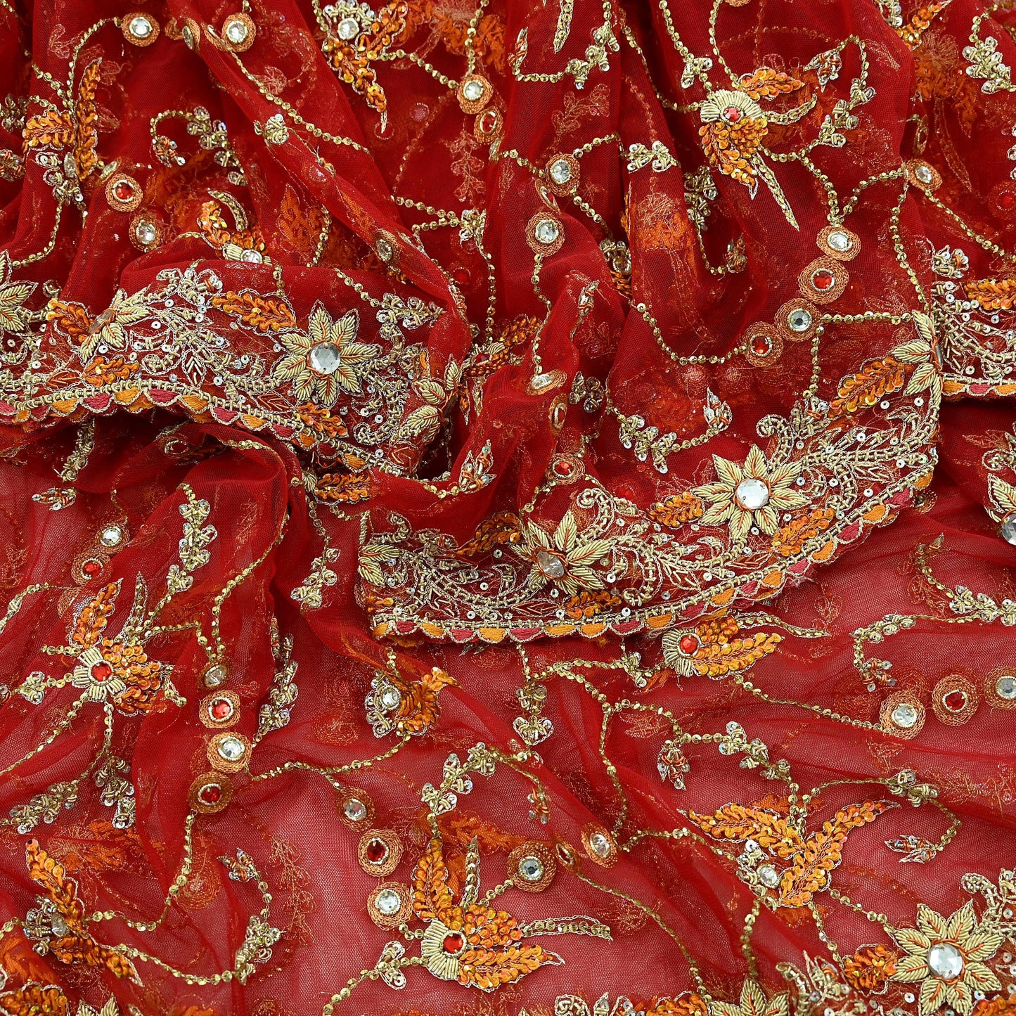 Indian Vintage Heavy Wedding Red Dupatta Net Mesh Long Stole Hand Embroidered Scarves Golden Zardozi Dabka Zari Bridal Veil