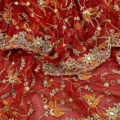 Indian Vintage Heavy Wedding Red Dupatta Net Mesh Long Stole Hand Embroidered Scarves Golden Zardozi Dabka Zari Bridal Veil
