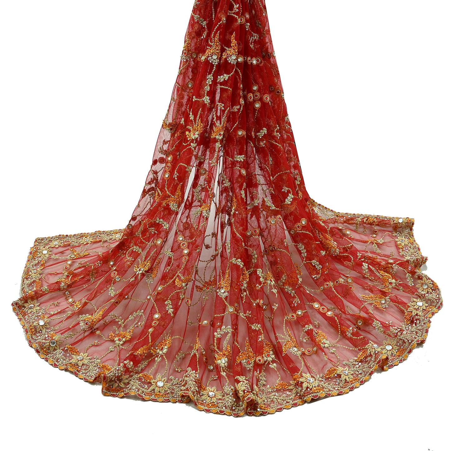 Indian Vintage Heavy Wedding Red Dupatta Net Mesh Long Stole Hand Embroidered Scarves Golden Zardozi Dabka Zari Bridal Veil