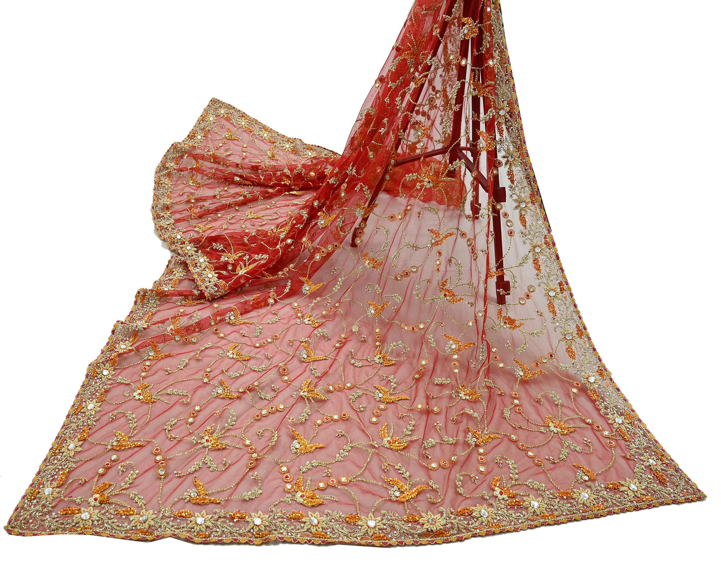 Indian Vintage Heavy Wedding Red Dupatta Net Mesh Long Stole Hand Embroidered Scarves Golden Zardozi Dabka Zari Bridal Veil