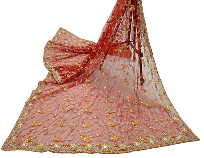 Indian Vintage Heavy Wedding Red Dupatta Net Mesh Long Stole Hand Embroidered Scarves Golden Zardozi Dabka Zari Bridal Veil