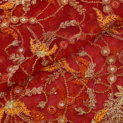 Indian Vintage Heavy Wedding Red Dupatta Net Mesh Long Stole Hand Embroidered Scarves Golden Zardozi Dabka Zari Bridal Veil