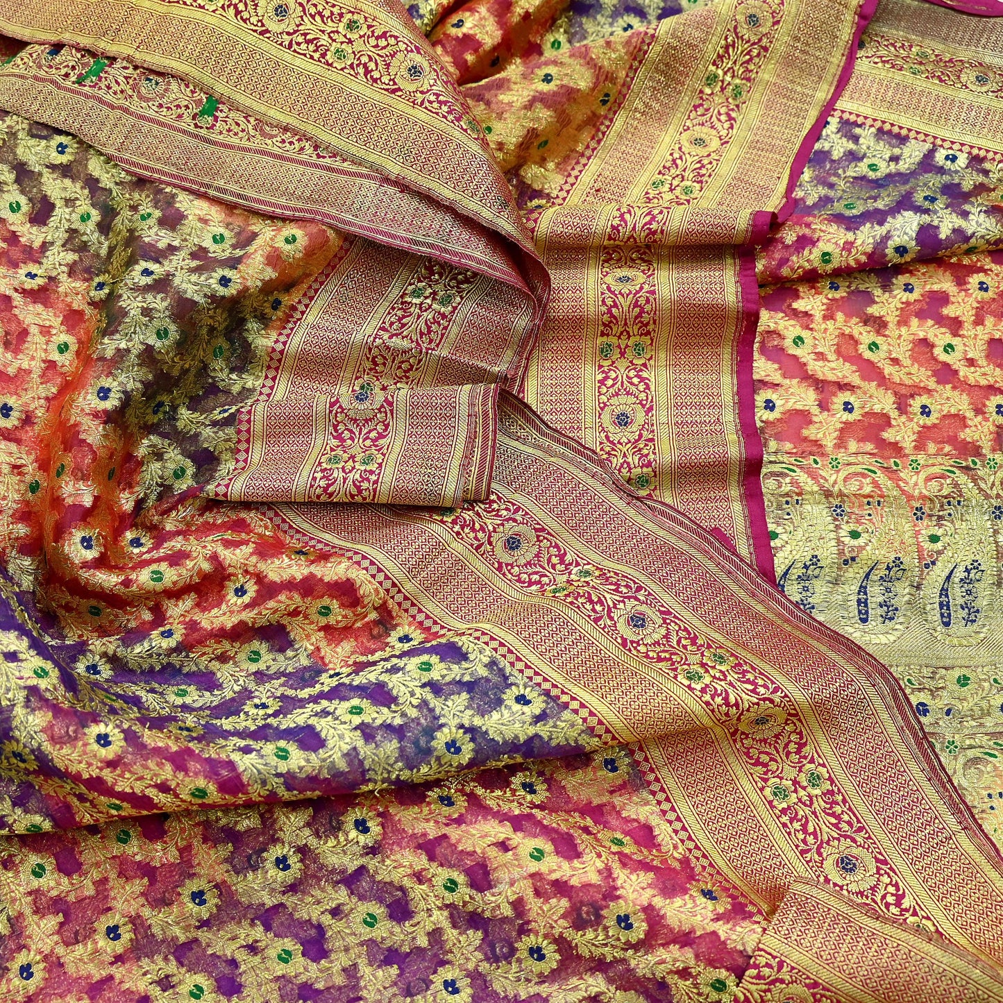 Indian Vintage Sari Heavy Multi Pure Organza Silk Woven Brocade Banarasi Sarees Zari 5Yd Ethnic Fabric Dress Making Wedding Sarees