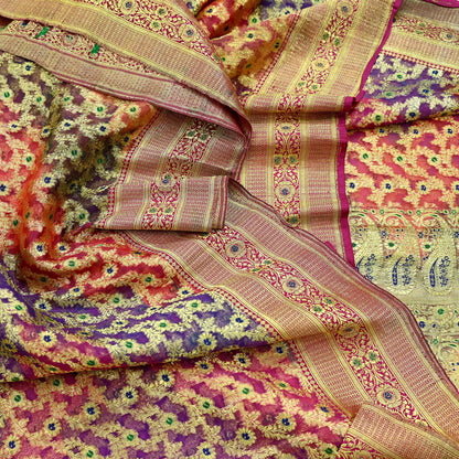 Indian Vintage Sari Heavy Multi Pure Organza Silk Woven Brocade Banarasi Sarees Zari 5Yd Ethnic Fabric Dress Making Wedding Sarees
