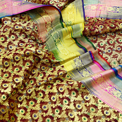 Indian Vintage Sari Heavy Maroon Pure Organza Silk Woven Brocade Banarasi Sarees Zari 5Yd Ethnic Fabric Dress Making Wedding Sarees