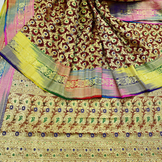 Indian Vintage Sari Heavy Maroon Pure Organza Silk Woven Brocade Banarasi Sarees Zari 5Yd Ethnic Fabric Dress Making Wedding Sarees
