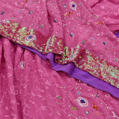 Indian Vintage Pink Saree Pure Crepe Silk Hand Embroidered Sari Fabric 5Yd Sewing Soft Zardozi/Dabka Dress Making Bollywood Party Sarees