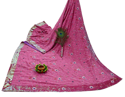 Indian Vintage Pink Saree Pure Crepe Silk Hand Embroidered Sari Fabric 5Yd Sewing Soft Zardozi/Dabka Dress Making Bollywood Party Sarees
