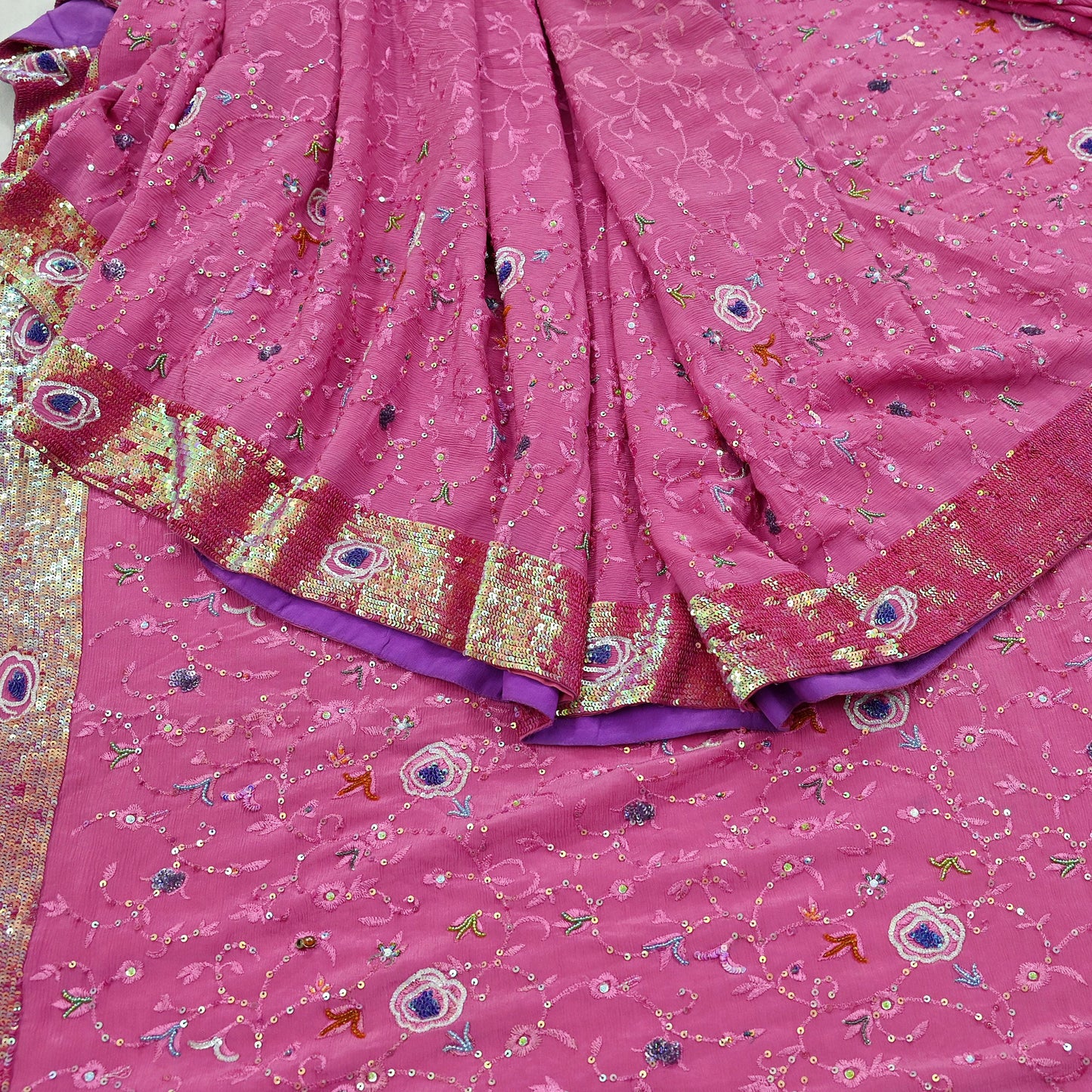 Indian Vintage Pink Saree Pure Crepe Silk Hand Embroidered Sari Fabric 5Yd Sewing Soft Zardozi/Dabka Dress Making Bollywood Party Sarees