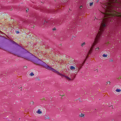 Indian Vintage Pink Saree Pure Crepe Silk Hand Embroidered Sari Fabric 5Yd Sewing Soft Zardozi/Dabka Dress Making Bollywood Party Sarees