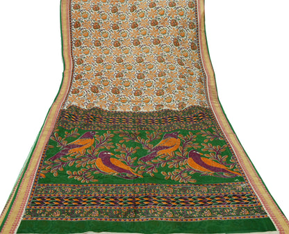 Indian Vintage Sari Green & Ivory Printed Pure Cotton Sarees 5Yd Craft Fabric Soft Sewing Sarong Wrap Boho Upcycle quilting Dress making